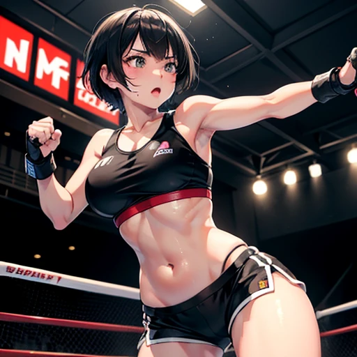 A cute Japanese high school girl with short-cut black hair. She competes in a mixed martial arts ring. She is frantically counter-punching her opponent female player. Very sweaty, out of stamina, slender body, poor body, poor breasts, poor belly, sports bra, high leg shorts, spats, open finger gloves.