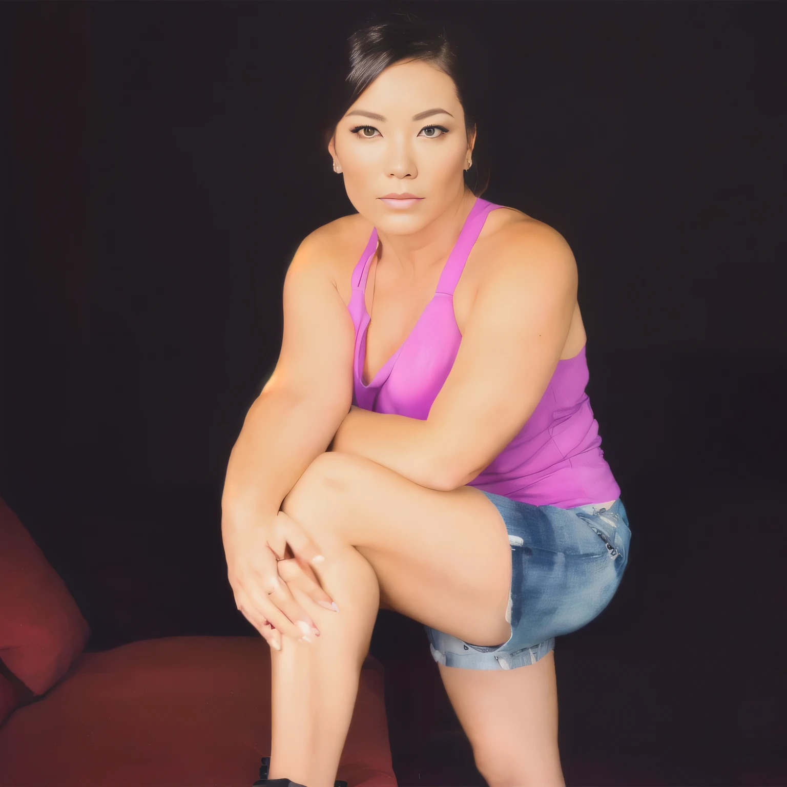 there is a woman sitting on a couch with her legs crossed, sitting on bent knees, squatting pose, 40 years old women, seductive seated pose, squatting, profile image, stoic pose, dramatic serious pose, 3 0 years woman, sitting cross-legged, sitting dynamic pose, glamour shot, various posed, photo shoot, sweaty 4 k, woman posing