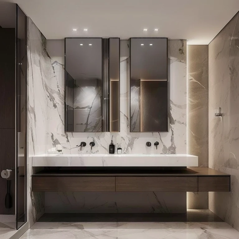 a close up of a bathroom with a double sink and mirrors, mirror and glass surfaces, smooth marble surfaces, marble and wood and glass, modern bathroom, exquisite marble details, marble walls, premium bathroom design, all marble, made of liquid metal and marble, white marble walls, modern design, low details and clean lines, marble material, excellent 3d render