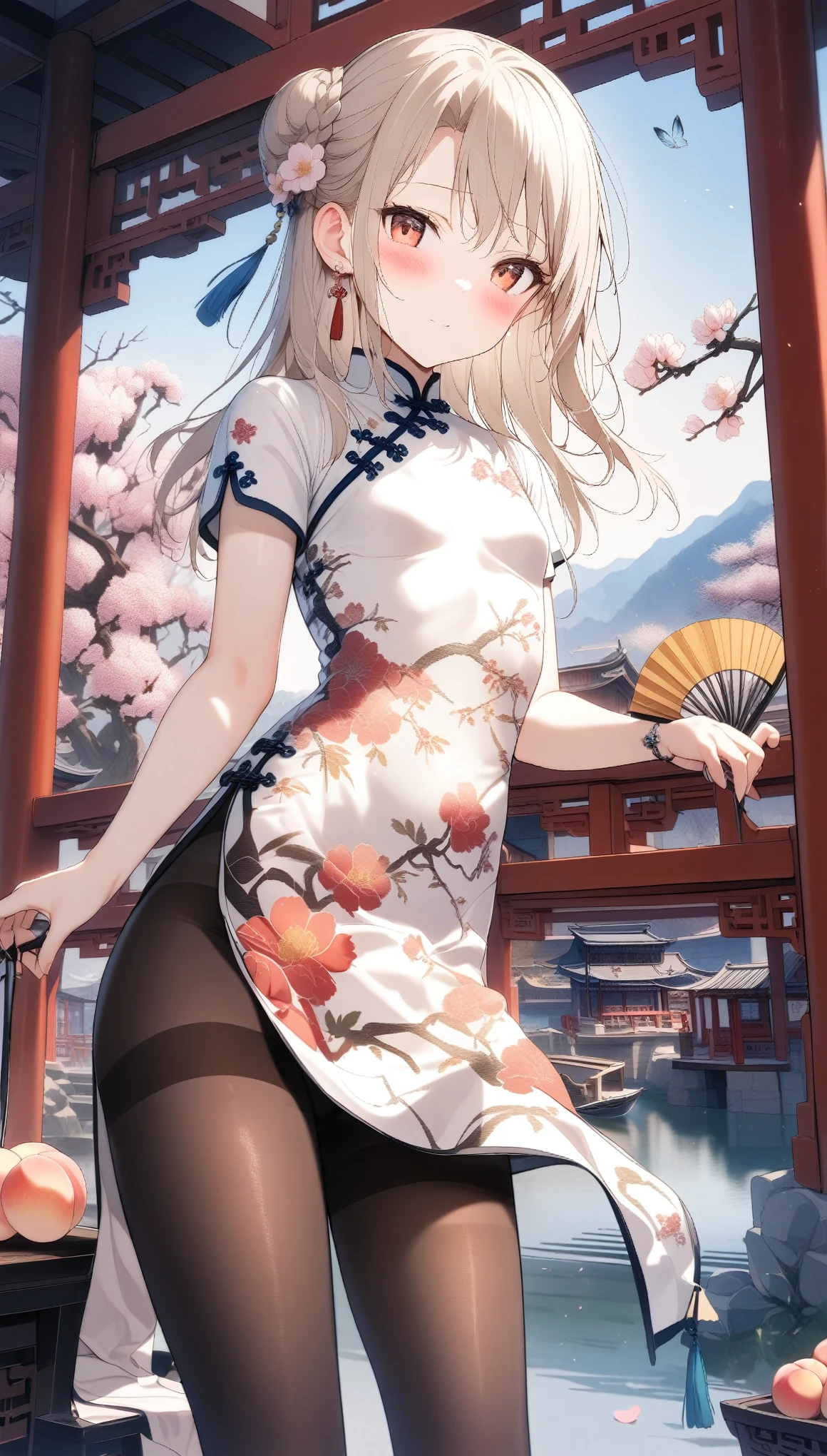 1girl,(illyasviel von einzbern),red_eyes,cream hair,(french braid),seductive smile,blush,flower,beautiful detailed_background,small breasts,butterfly,(qipao,china dress,chinese clothes,dress),gold trim,floral print,folding fan,jewelry,earrings,explicit,flower,general, hair_ornament,((peach blossom)),long_hair,looking_at_viewer,pantyhose,paper fan,print dress,solo,thighband pantyhose,questionable,sensitive,solo,tassel,tassel_earrings,(spring),Chinese style architecture, Chinese style, lake, ancient town, beautiful and meticulous water, (Fishing boat), pavilion,steam,Surrounding by falling peach blossoms petals,