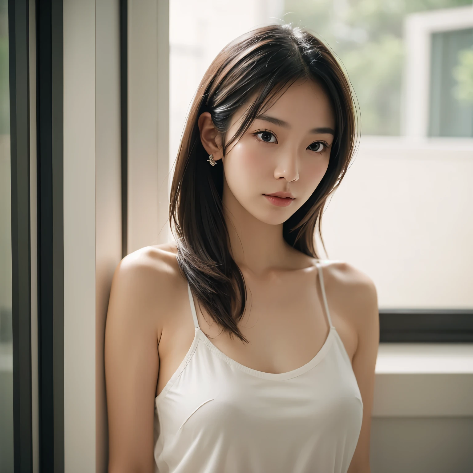 Skinny Japanese woman, 30 years old, (Realistic), (Hyperrealism), (photoRealistic), (8k resolution), Depth of written boundary, (whole body:1.2), Highly detailed face, Fine grain, Cute face, Various expressions, Mr.々Hair style, (Small breasts:0.6), (Very small waist:0.7), Tight camisole