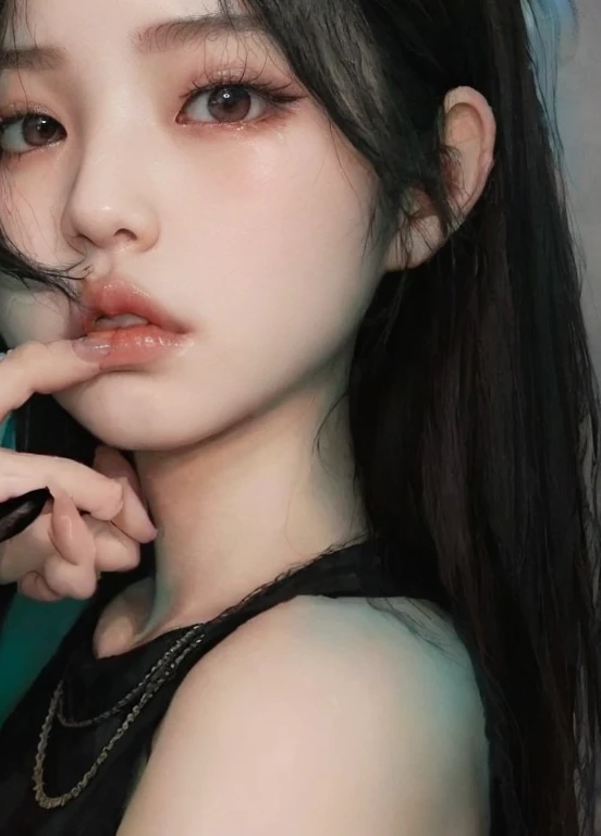 A hot jennje from blackpink wearing a black top..,soft hot  doll look