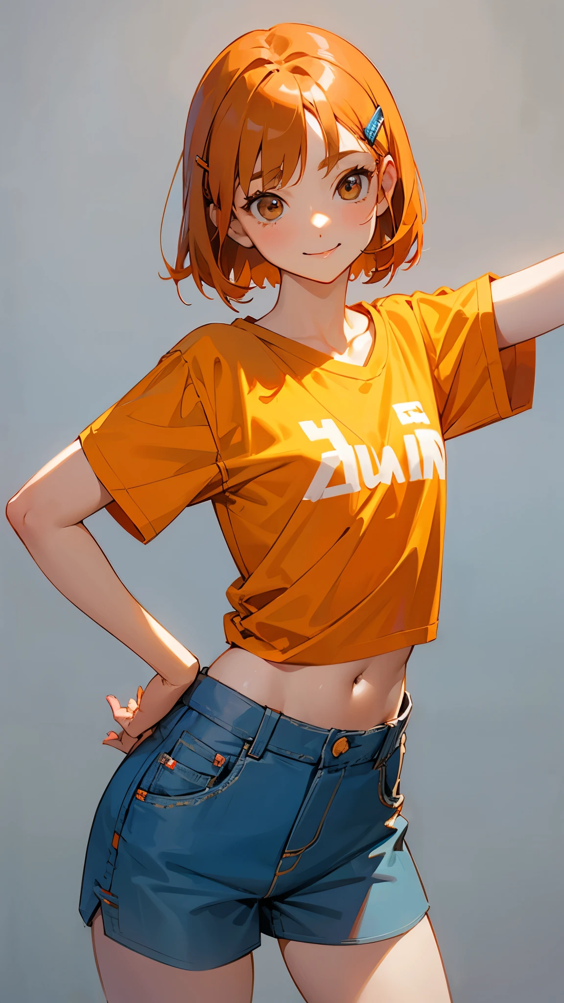 1 girl、Cowboy Shot、Simple T-shirt、light blue medium hair、Beautiful brown eyes、Orange Hair Clip、Flat Chest、smile、Please put your hands on your hips、Shorts
