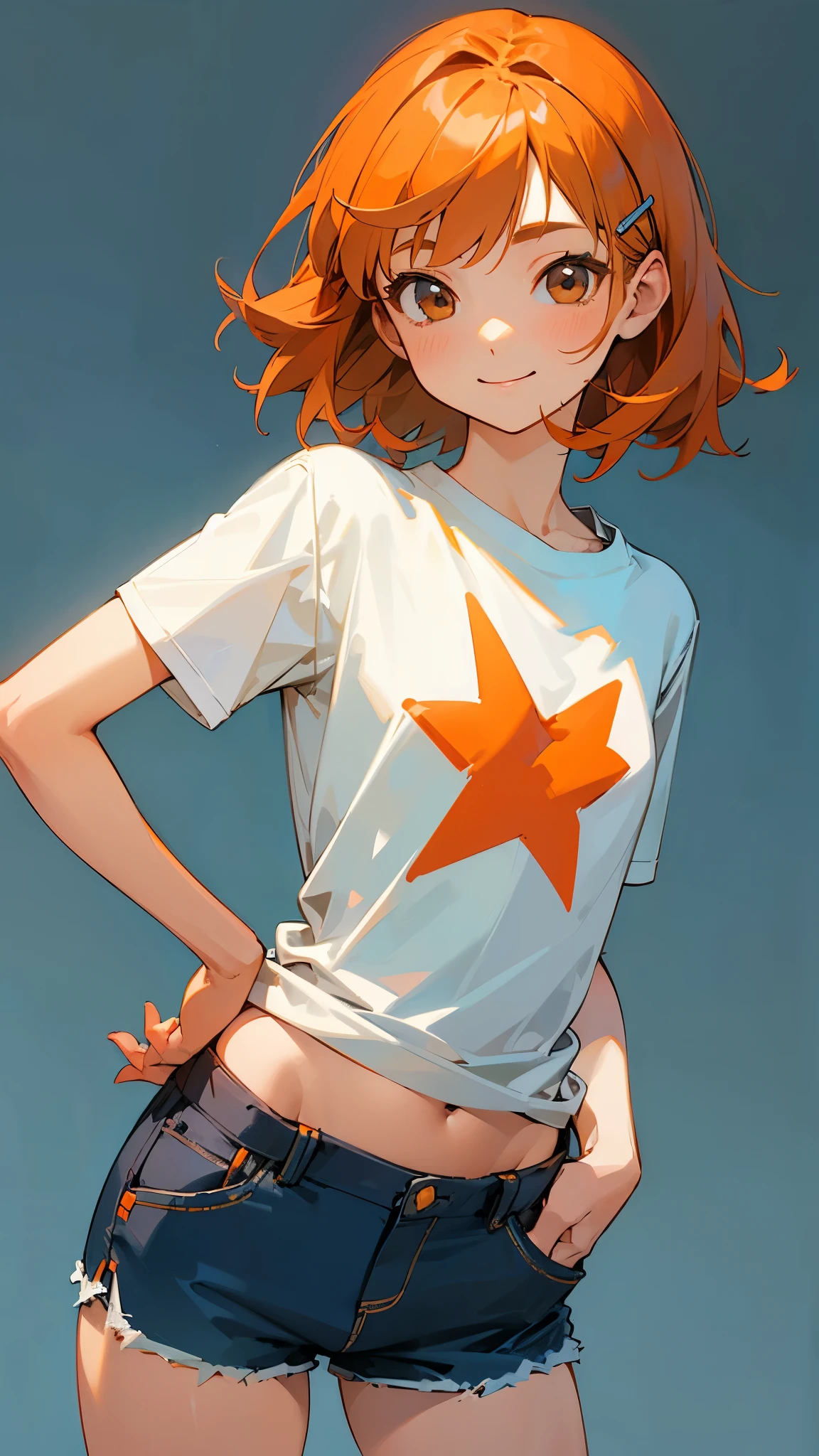 1 girl、Cowboy Shot、Simple T-shirt、light blue medium hair、Beautiful brown eyes、Orange Hair Clip、Flat Chest、smile、Please put your hands on your hips、Shorts