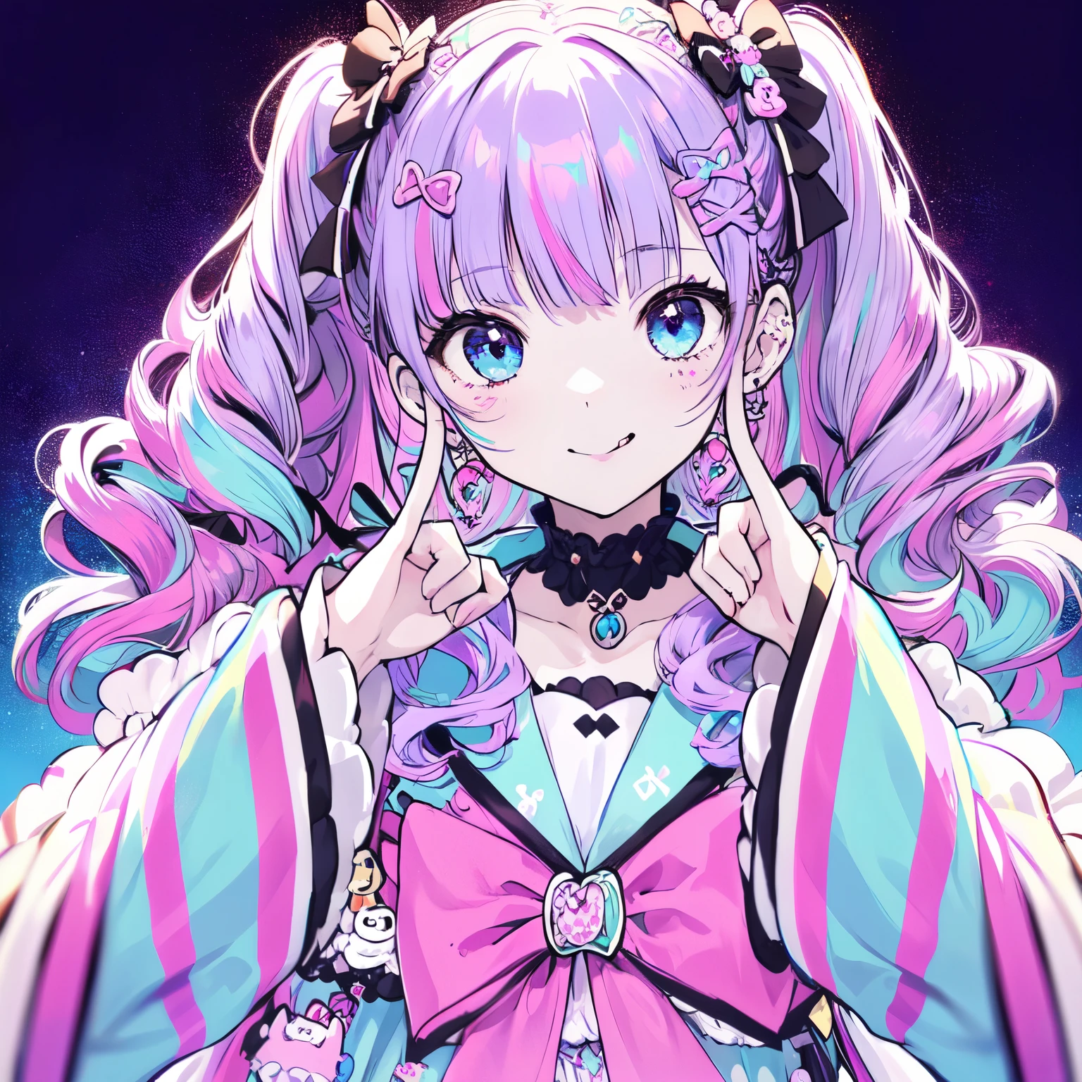 smile,tongue,Earrings, ((masterpiece、8K、highest quality)), Detailed face, Fine grain,(SupportHair)、((Light purple hair))、((Multi-colored hair))、(((SupportHair)))、Bright Blue Eyes、((One girl))、(Wavy Hair)、((Harajuku Fashion))
