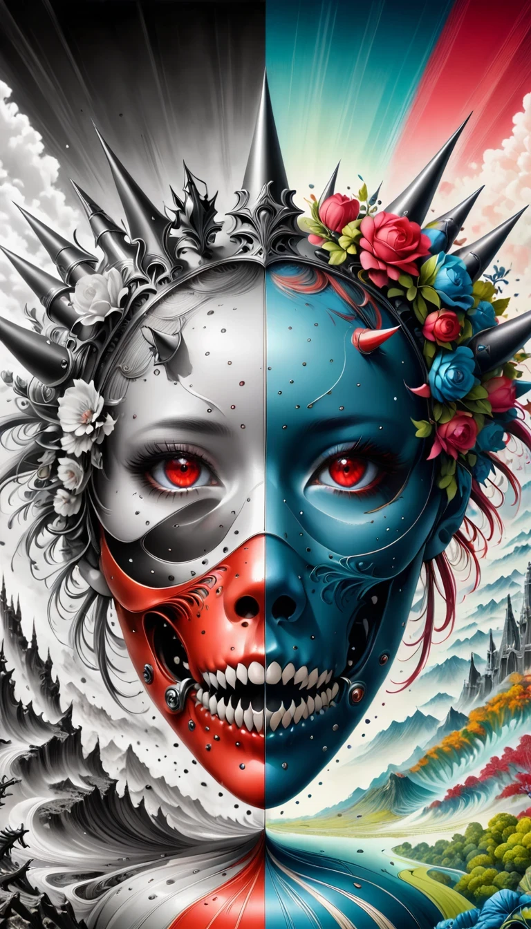 (Nick Vesey style:1.3),Demon Crown,(Mysterious landscape),[There is a lot of suspense],fantasy,dark,Dark,atmosphere,Dark,(Magical stone showing modern technology model),Put the audience into a state of numbness and indifference,(Demon Crown:1.3),(King of dangerous beasts:1.2),(Transformed by future technology:1.2),(Red Crimson Palette:1.2),(Fractal Art:0.9),The artwork should transition from a pencil drawing style in 黑色的 and white on the left half to vibrant colors on the right half, Ensure seamless integration of the two halves，No dividing line, The scenes on both sides are exactly the same, with the left side featuring detailed 黑色的 and white pencil strokes and the right side filled with colors, Create a fusion
