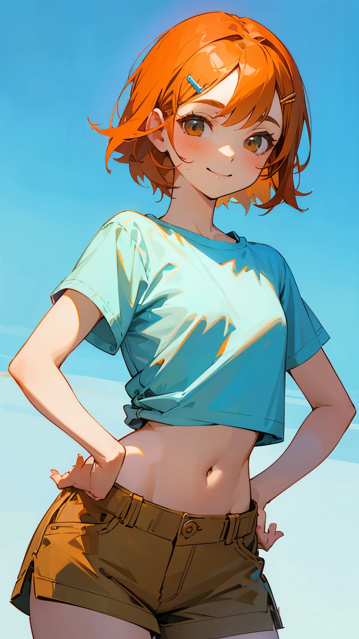 1 girl、Cowboy Shot、Simple T-shirt、light blue medium hair、Beautiful brown eyes、Orange Hair Clip、Flat Chest、smile、Please put your hands on your hips、Shorts