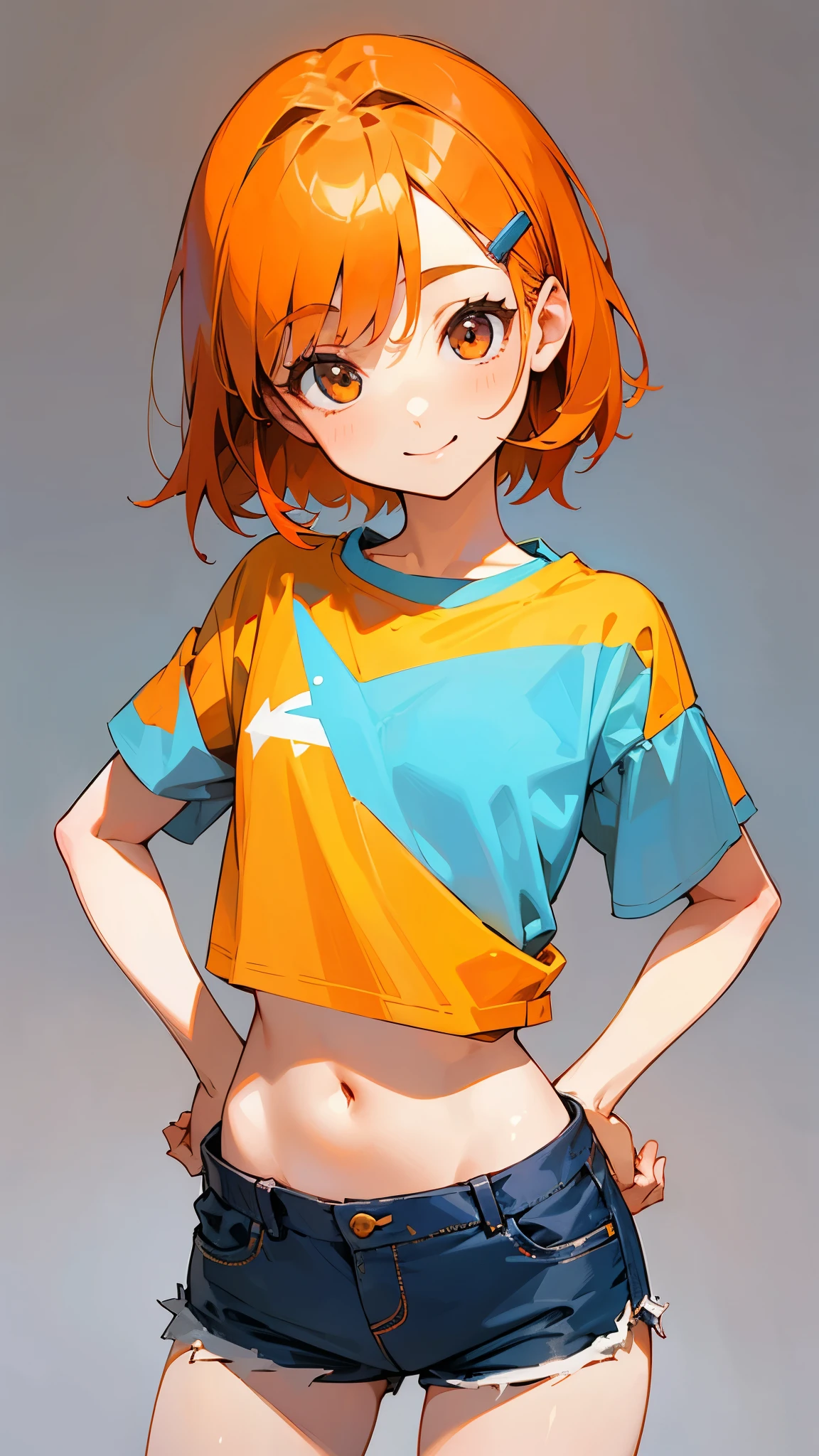 1 girl、Cowboy Shot、Simple T-shirt、light blue medium hair、Beautiful brown eyes、Orange Hair Clip、Flat Chest、smile、Please put your hands on your hips、Shorts