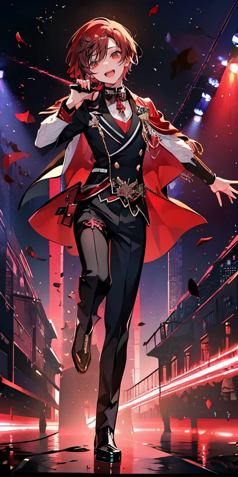 (Mastepiece), (Best Quality), Very detailed, ((1 boy)), Perfect Face, Beautiful Face, Very detailedな顔,((Scarlet-colored hair_short hair_Scarlet Eyes:1.3)),Full body photography、Male solo idol、Gorgeous idol costumes、Cape、boots、(pants:1.2)、(Hold the microphone)、stage、Concert Dome、Lots of confetti、(smile:1.4)、(Open your mouth wide)、sing、dance、Wink、Laser light、Spotlight