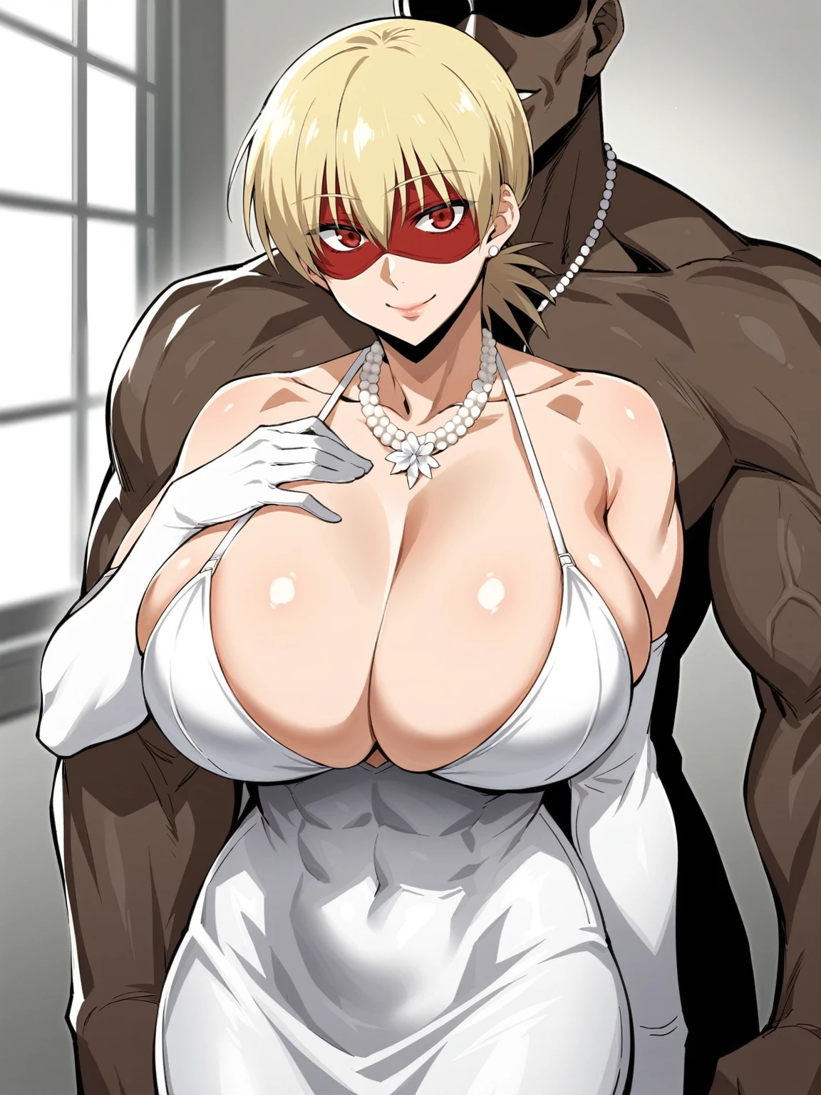 score_9, score_8_up, score_7_up, 1girl, looking at viewer, wedding gown, standing wedding, indoors, hellsing, blonde, red eyes, huge breasts, rating:safe, sfw, closeup, solo, abs, narrow waist, tiny waist, mature female, smile,  ikuchan, Masquerade mask, necklace, 1boy, dark skinned male, size difference, huge male, faceless male, kissing