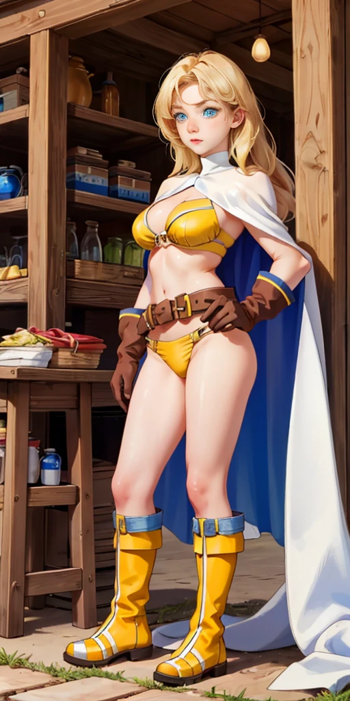 (masterpiece, best quality), 1girl,  KnightFFT, long hair, blonde hair, blue eyes, cape, YELLOW BIKINI belt, gloves, boots