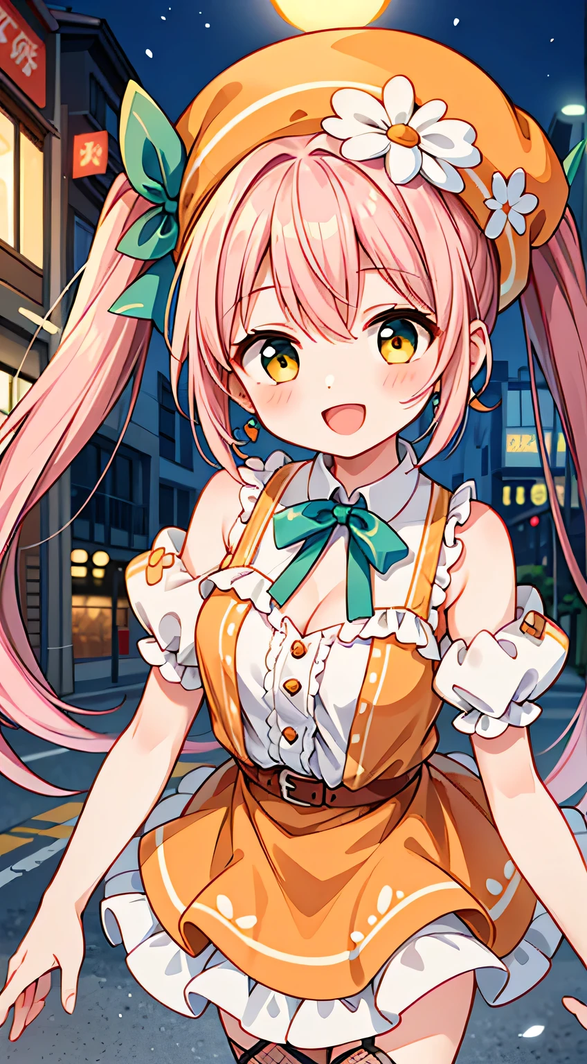 (masterpiece, top quality, best quality, official art, beautiful and aesthetic:1.2),ultra-detailed,intricate details,amazing illustration,award-winning art,atmospheric,
BREAK,



 1 beautiful girl, Solo,(Cute:1.5),(Chibi:0.8), (kawaii:1.5),(Lori:0.5), BREAK, (girl, Cute, Cheerful,  face, medium breasts:1.2),(Pink hair,disheveled short twin tails,tareme,Gold eyes:1.2),gleaming skin,Clear skin, cleavage of the breast,Beautiful , gleaming skin,Clear skin, Beautiful skin,( A smile:1.5),(best quality face),(Top quality glowing eyes),(The best smile,:D:1.45),

BREAK,(highly saturated (orange, tangerine) and green theme:1.4), (tone on tone:1.3), (wearing tangerine [[crochet]] hat:1.4), (green ribbon:1.4), (sleeveless (orange:1.1) and (white:0.7) [polka dot pattern] sundress:1.4), (bare shoulders:1.3), (suspenders with ruffles:1.2), (green belt with ribbon:1.3), (orange tiered skirt with ruffles:1.3), (platform HIGH boots:1.1), (green ribbon on head:1.3),
BREAK (fishnet stockings:1.3), (earrings shape of mandarin oranges:1.2),
BREAK

BREAK,(morning), The girl is breakdancing on the city street,(The city at night is wrapped in beautiful flowers of light. This light illuminates the buildings and streets of the city, dispelling the darkness. The flowers of light brighten people’s hearts and bring hope and joy. This scene is a symbol of beauty and hope, a moving moment.)depth of fields,

BREAK,wakame,wakame,wakame,(Cowboy Shot:1.4),

BREAK,(Blurry background:1.3),(absurderes, hight resolution, Super Detail Art),cel shading,Clear Color, Lonely optical effect, Beautiful pictures, Bright glow, mystic atmosphere,(Close-up of girl:1.1), Mystical light particle effect,manga influence, clean line drawings,