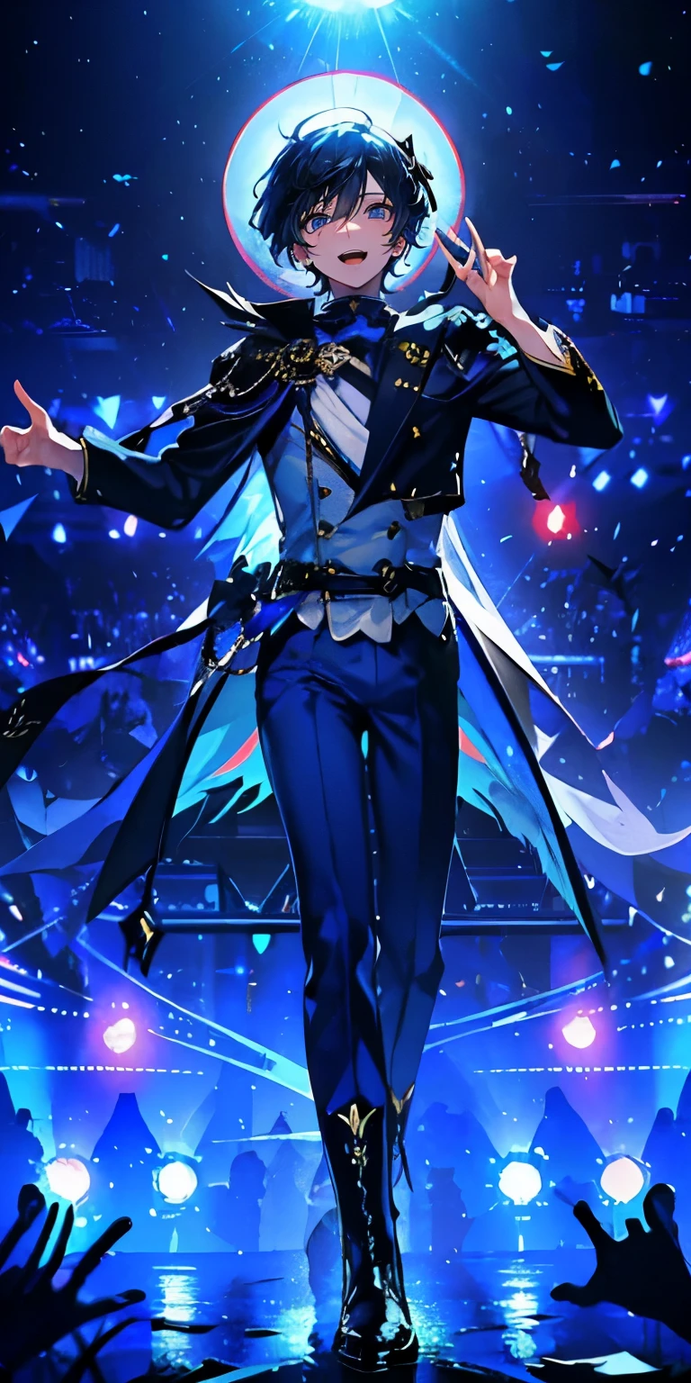 (Mastepiece), (Best Quality), Very detailed, ((1 boy)), Perfect Face, Beautiful Face, Very detailedな顔，((Light blue hair_short hair_Blue eyes:1.3))，Male solo idol、Gorgeous idol costumes、Cape、boots、(pants:1.2)、(Hold the microphone)、stage、Concert Dome、Lots of confetti、(smile:1.4)、(Open your mouth wide)、sing、dance、Wink、Laser light、Spotlight