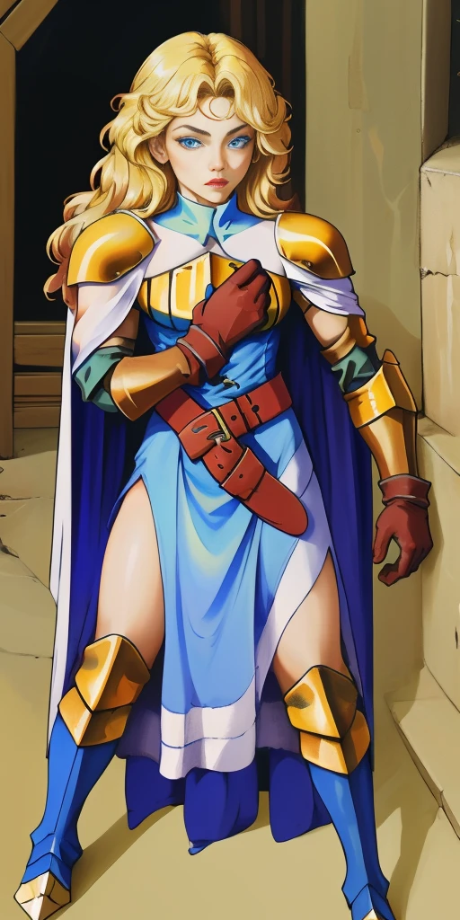 (masterpiece, best quality), 1girl, KnightFFT, long hair, blonde hair, blue eyes, cape, armor, blue dress, belt, gloves, boots