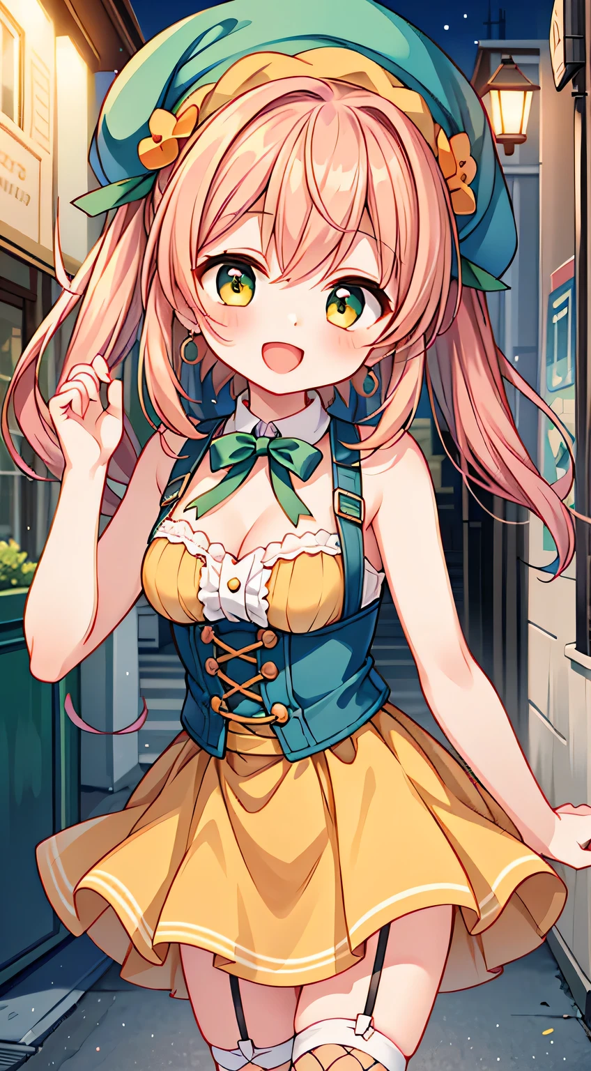 (masterpiece, top quality, best quality, official art, beautiful and aesthetic:1.2),ultra-detailed,intricate details,amazing illustration,award-winning art,atmospheric,
BREAK,



 1 beautiful girl, Solo,(Cute:1.5),(Chibi:0.8), (kawaii:1.5),(Lori:0.5), BREAK, (girl, Cute, Cheerful,  face, medium breasts:1.2),(Pink hair,disheveled short twin tails,tareme,Gold eyes:1.2),gleaming skin,Clear skin, cleavage of the breast,Beautiful , gleaming skin,Clear skin, Beautiful skin,( A smile:1.5),(best quality face),(Top quality glowing eyes),(The best smile,:D:1.45),

BREAK,(highly saturated (orange, tangerine) and green theme:1.4), (tone on tone:1.3), (wearing tangerine [[crochet]] hat:1.4), (green ribbon:1.4), (sleeveless (orange:1.1) and (white:0.7) [polka dot pattern] sundress:1.4), (bare shoulders:1.3), (suspenders with ruffles:1.2), (green belt with ribbon:1.3), (orange tiered skirt with ruffles:1.3), (platform HIGH boots:1.1), (green ribbon on head:1.3),
BREAK (fishnet stockings:1.3), (earrings shape of mandarin oranges:1.2),
BREAK

BREAK,(morning), The girl is breakdancing on the city street,(The city at night is wrapped in beautiful flowers of light. This light illuminates the buildings and streets of the city, dispelling the darkness. The flowers of light brighten people’s hearts and bring hope and joy. This scene is a symbol of beauty and hope, a moving moment.)depth of fields,

BREAK,wakame,wakame,wakame,(Cowboy Shot:1.4),

BREAK,(Blurry background:1.3),(absurderes, hight resolution, Super Detail Art),cel shading,Clear Color, Lonely optical effect, Beautiful pictures, Bright glow, mystic atmosphere,(Close-up of girl:1.1), Mystical light particle effect,manga influence, clean line drawings,