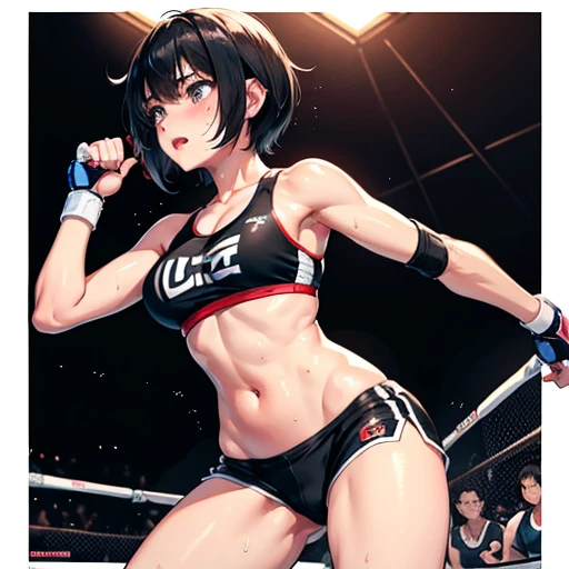  poor breasts, A cute Japanese high school girl with short-cut black hair. She competes in a mixed martial arts ring. She is frantically counter-punching her opponent female player. Very sweaty, out of stamina, slender body, poor body,poor belly, sports bra, high leg shorts, spats, open finger gloves.