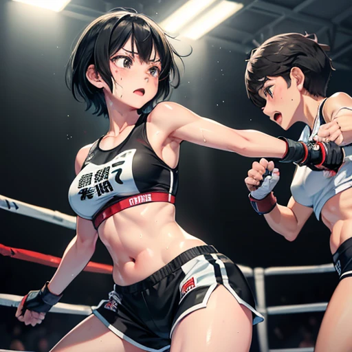 poor breasts, A cute Japanese high school girl with short-cut black hair. She competes in a mixed martial arts ring. She is frantically counter-punching her opponent female player. Very sweaty, out of stamina, slender body, poor body,poor belly, sports bra, high leg shorts, spats, open finger gloves.