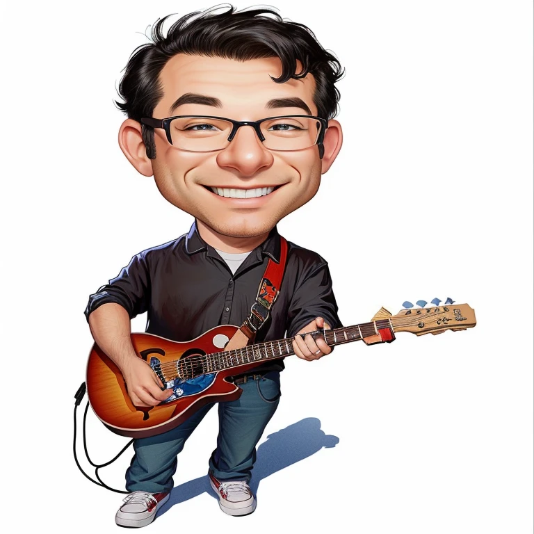 Disney Pixar, 4k, a caricature of a man with glasses and a guitar, caricature style, caricature illustration, cartoon portrait, in cartoon style, caricature!!!, caricature, caricature, holding the electric guitarras, solo guitar, holding the electric guitar, Ed O'Brien (guitar), holding an electric guitar, cartoon, holding an electric guitar, Artist - Phil Moss, professional illustration