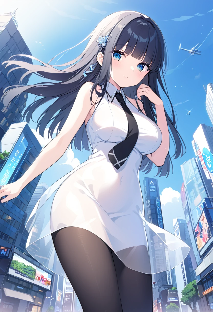 SHIBA MIYUKI, BLACK HAIR, BLUE EYES, LONG HAIR, HAIR ORNAMENT, BLUNT BANGS
FIRST HIGH , WHITE DRESS, BLACK NECKTIE, CITY, BLACK PANTYHOSE, SEE-THROUGH DRESS  ,large breasts , ConcertHole, 1girl, 