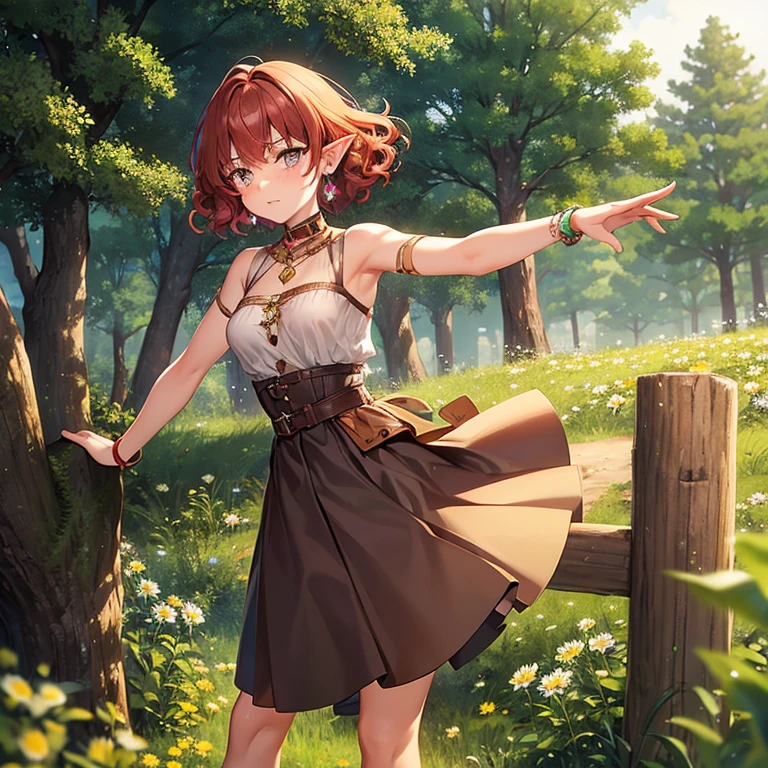 Tall thin girl, red fluffy curly short hair, pointy ears like an elf, freckles, gray eyes, a scar on her face, sun-shaped earrings, brown top, beads on her neck, dark green long skirt, bracelets on her arms, brown shoes. Against the backdrop of a fantastic forest with daisies.