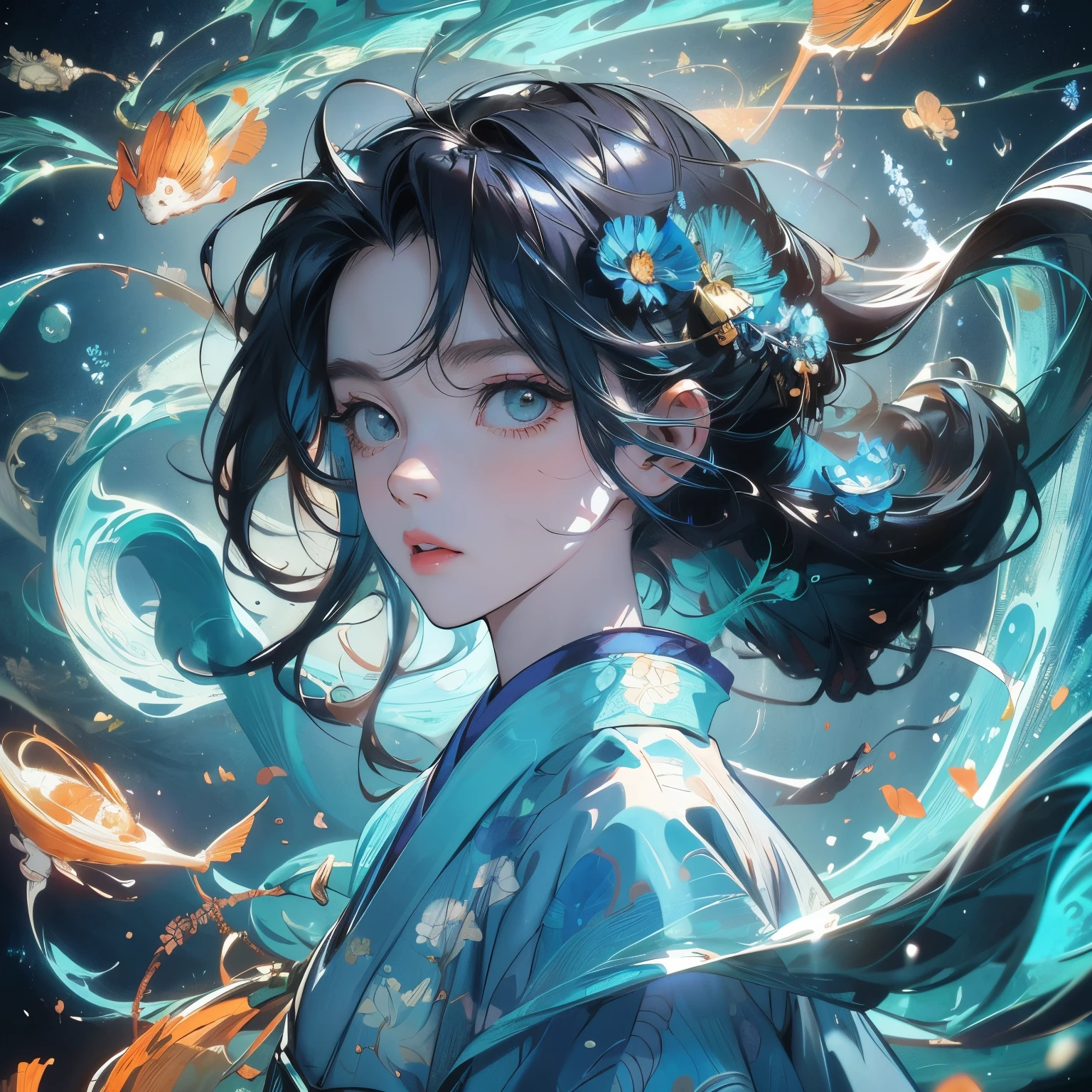portrait woman,action shot, Hanfu girl surrounded by flocks of koi , Spiral mode, Underwater perspective, Look up at the sky under the sea, HD authentic Van Gogh sky,Capture a captivating depiction of Vincent van Gogh's iconic starry night,vibrant, Blue and yellow light up the night sky, Transports the viewer to the vision of famous artists, In the topic "In good faith: Makoto Shinkai", Miyazaki style, 32K, Surreal photography,shuixia