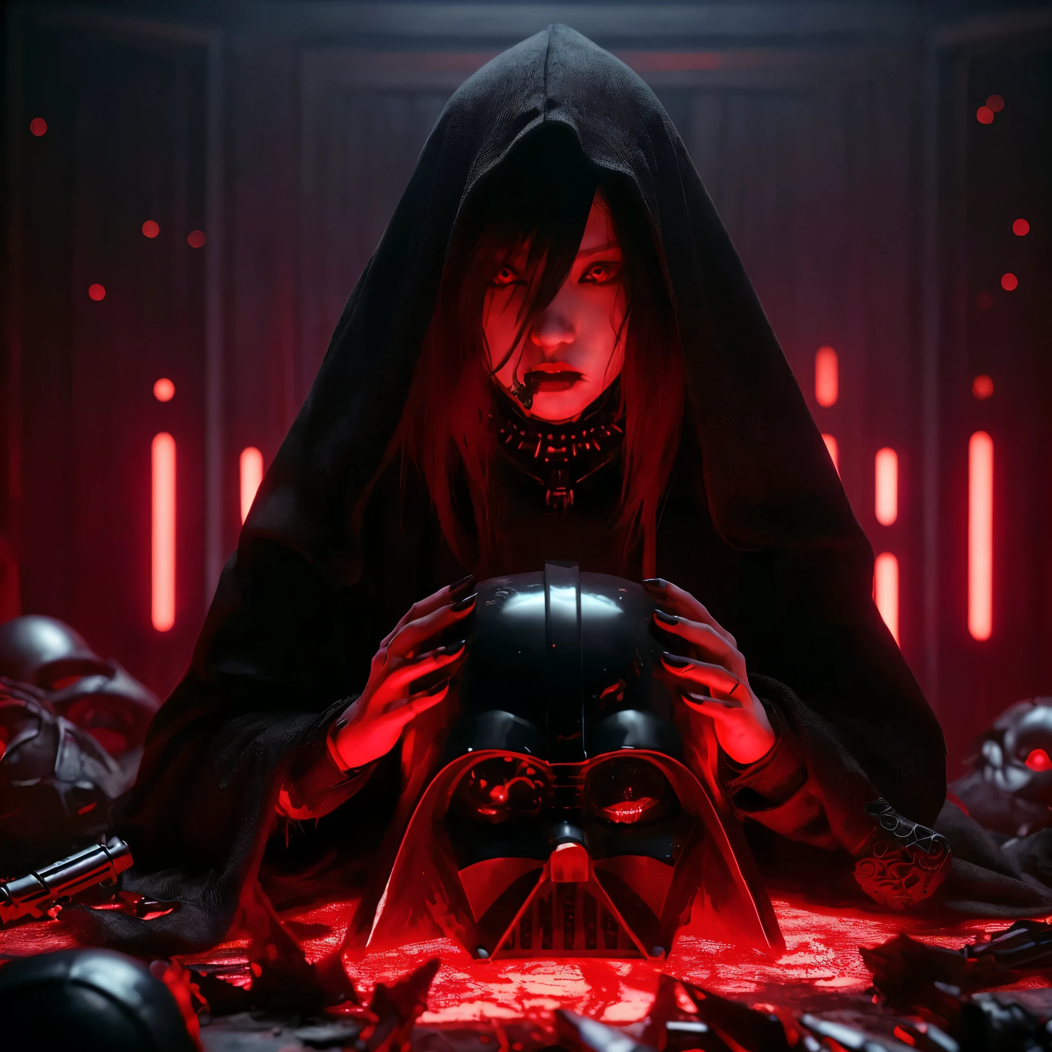 (very sharp result, full body desaturated photo) (((textile shading))), (((Best Quality))), (((masterpiece))) (((hyper realistic photo))) in starwars universe, dark atmosphere, backlight full body sith lordes japanese girl in black cult hoodie pale skin, vampire looks, piercings, mysterious sinister bright red eyes (she is holding broken crushed darth vader helmet) red hair, red light mood, sit at the centre of ritual altar, horror feel, gritty atmosphere,4K