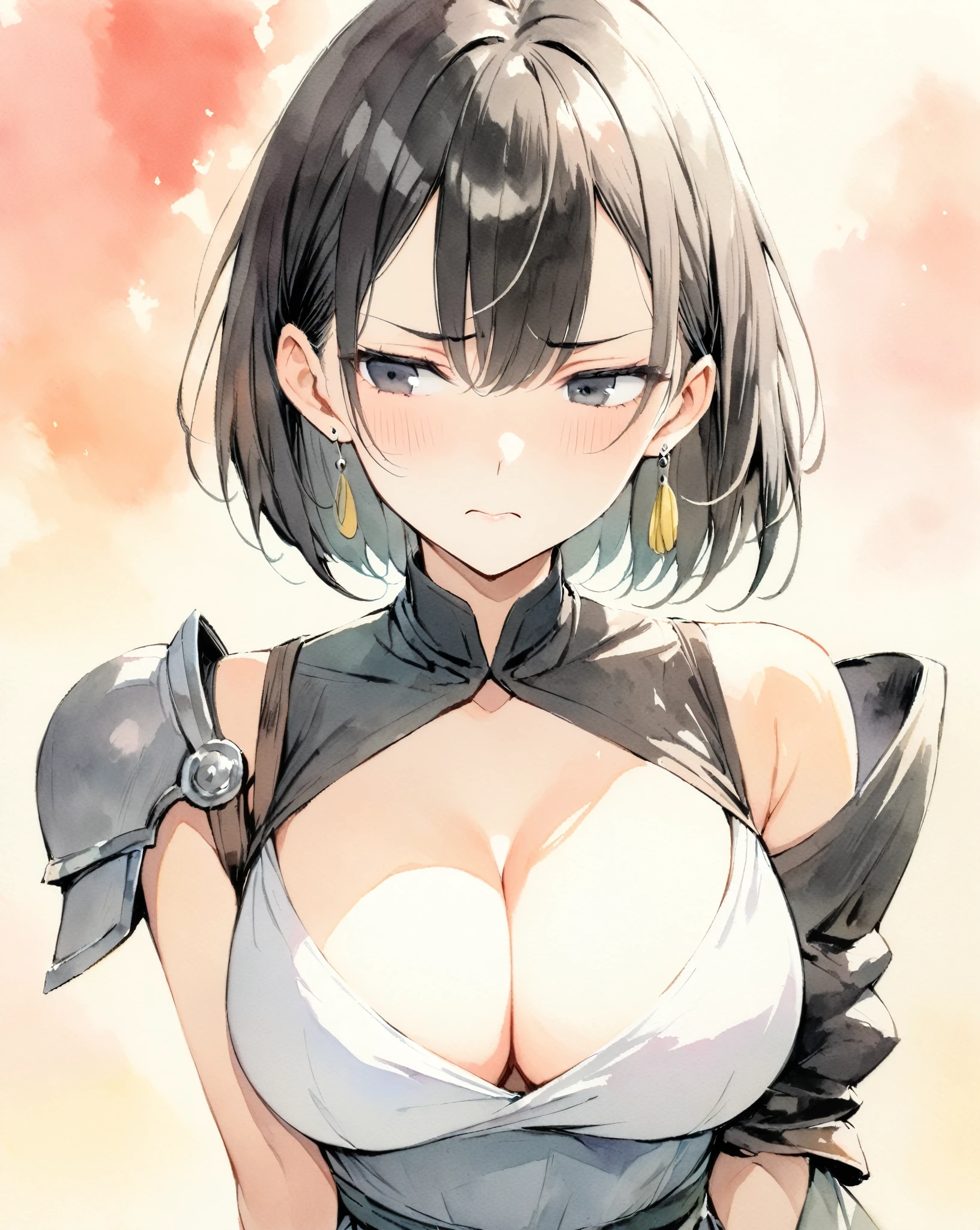masterpiece, Best quality, watercolor (medium), 1girl, breast, Solitary, short hair, Cleavage, Red and black hair, Black eyes, earrings, Bangs, jewelry, skirt, Bare shoulders, sleeveless, Hair between the eyes, 单Scapula, looking at the audience, Photo poses, Fold your hands behind your back, large breast, armor, shoulder armor, sleeveless skirt, Upper Body, Single sleeve, white skirt, Scapula, Painful expression