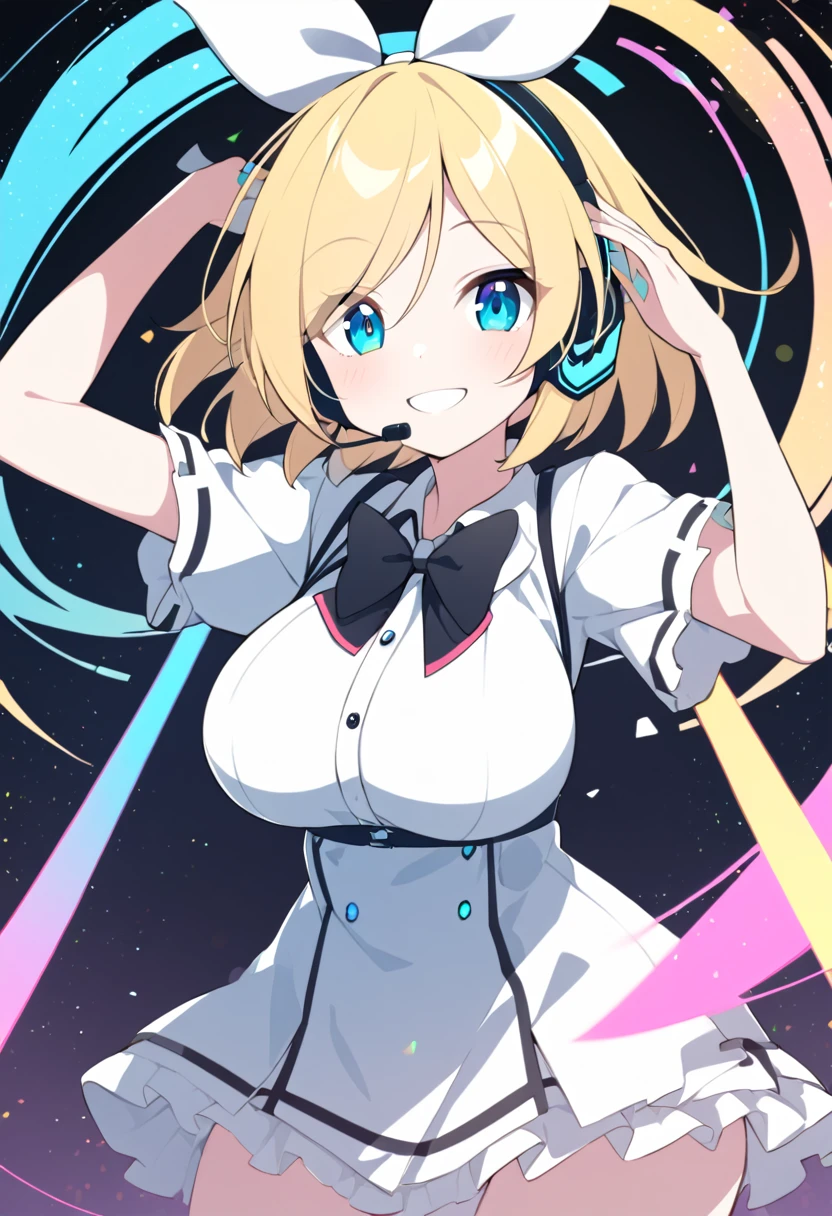 ,large breasts, ConcertHole, 1girl, ,VOCALOID,  kagamine, blonde hair, blue eyes, hair bow, headset, short hair, headphones, smile,