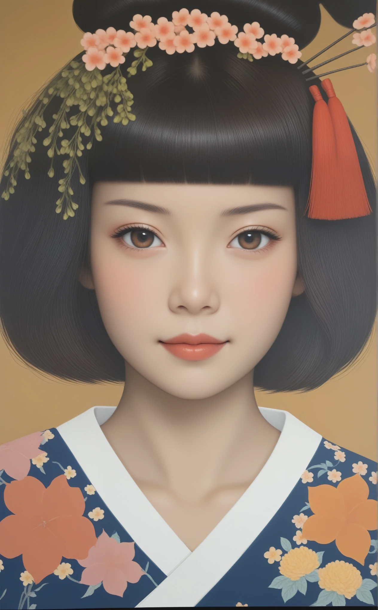 Retrato de uma mulher sorrindo, com um capacete florido e uma borla vermelha, Retrato de uma garota japonesa sorindo, inspirado em Ito Shinsui, inspirado em Riusuke Fukahori, inspirado em Nara Yoshitomo, retrato de gueixa sorrindo, inspirado em Margaret Keane, Retrato de uma gueixa sorrindo, portrait of a smiling Japanese teenager, ultrarealista, 4k, fotorrealismo 