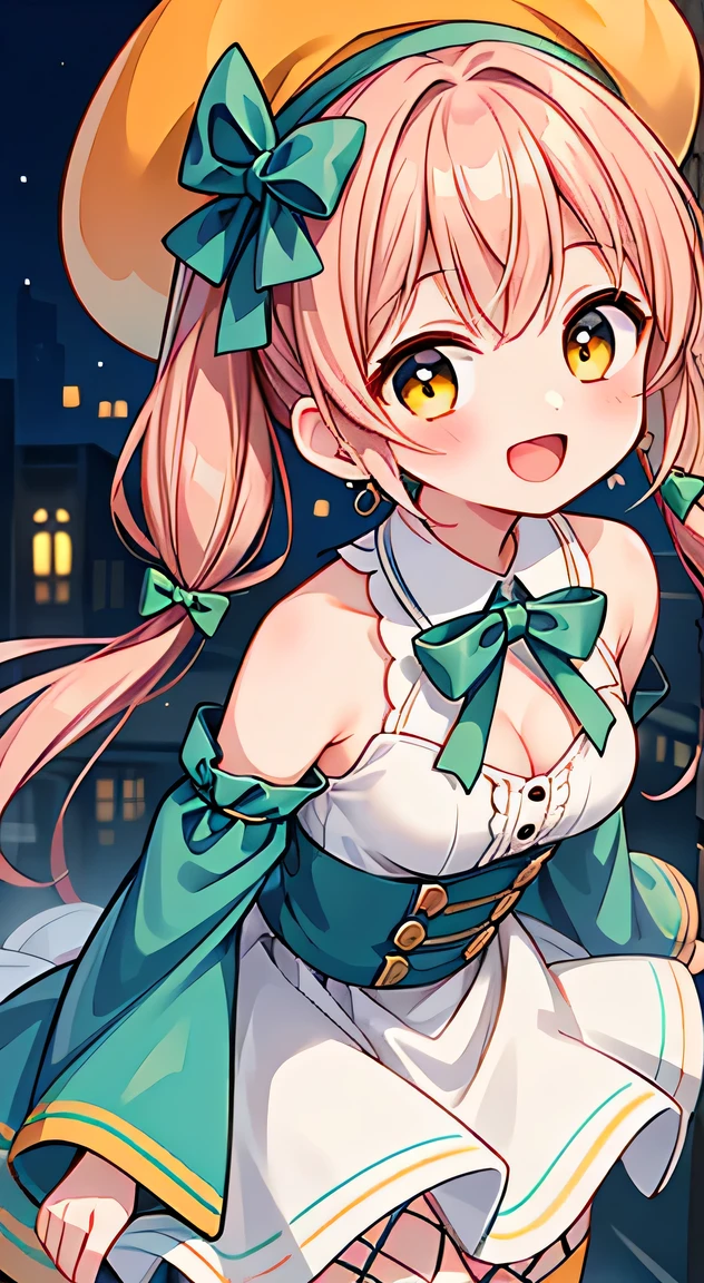 (masterpiece, top quality, best quality, official art, beautiful and aesthetic:1.2),ultra-detailed,intricate details,amazing illustration,award-winning art,atmospheric,
BREAK,



 1 beautiful girl, Solo,(Cute:1.5),(Chibi:0.8), (kawaii:1.5),(Lori:0.5), BREAK, (girl, Cute, Cheerful,  face, medium breasts:1.2),(Pink hair,disheveled short twin tails,tareme,Gold eyes:1.2),gleaming skin,Clear skin, cleavage of the breast,Beautiful , gleaming skin,Clear skin, Beautiful skin,( A smile:1.5),(best quality face),(Top quality glowing eyes),(The best smile,:D:1.45),

BREAK,(highly saturated (orange, tangerine) and green theme:1.4), (tone on tone:1.3), (wearing tangerine [[crochet]] hat:1.4), (green ribbon:1.4), (sleeveless (orange:1.1) and (white:0.7) [polka dot pattern] sundress:1.4), (bare shoulders:1.3), (suspenders with ruffles:1.2), (green belt with ribbon:1.3), (orange tiered skirt with ruffles:1.3), (platform HIGH boots:1.1), (green ribbon on head:1.3),
BREAK (fishnet stockings:1.3), (earrings shape of mandarin oranges:1.2),
BREAK

BREAK,(morning), The girl is breakdancing on the city street,(The city at night is wrapped in beautiful flowers of light. This light illuminates the buildings and streets of the city, dispelling the darkness. The flowers of light brighten people’s hearts and bring hope and joy. This scene is a symbol of beauty and hope, a moving moment.)depth of fields,

BREAK,wakame,wakame,wakame,(Cowboy Shot:1.4),

BREAK,(Blurry background:1.3),(absurderes, hight resolution, Super Detail Art),cel shading,Clear Color, Lonely optical effect, Beautiful pictures, Bright glow, mystic atmosphere,(Close-up of girl:1.1), Mystical light particle effect,manga influence, clean line drawings,