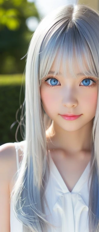 shining, Clear, White skin、Silver hair blows in the wind,Cover her beautiful face.、huge、28 years old cute sexy little beauty face、Beautiful straight hair stands out、growing up, sparkling light blue eyes、Long silky bangs cover the lovely eyes, Sexy cute young woman,The extra long hair covers her sexy face、shining silver hair