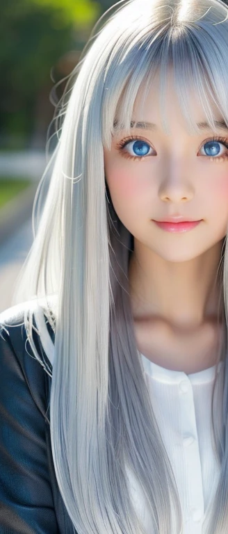 shining, Clear, White skin、Silver hair blows in the wind，Cover her beautiful face.、huge、28 years old cute sexy little beauty face、Beautiful straight hair stands out、growing up, sparkling light blue eyes、Long silky bangs cover the lovely eyes, Sexy cute young woman，The extra long hair covers her sexy face、shining silver hair