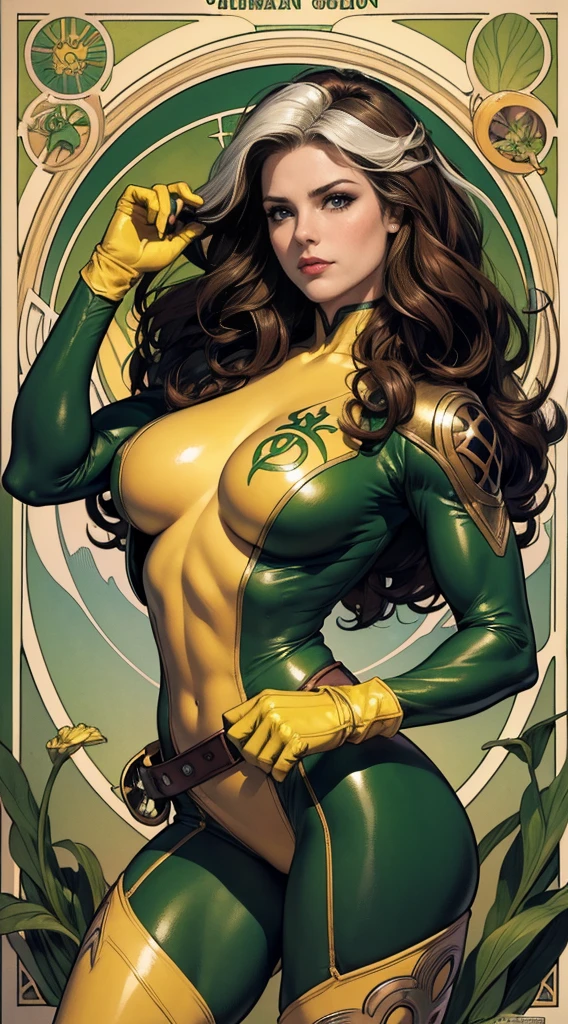 (masterpiece:1.0), (best_quality:1.2), Classic Rogue, 1991 Rogue X-Men, 1 girl, Only 1, full body view, medium length hair, brown hair, wavy hair, messy hair, one lock of white hair, green eyes, mischievous look, smirking, fit figure, curvy figure, medium breasts, lipstick, makeup, jacket, green headband, belt, yellow gloves, skin tight bodysuit, open jacket, light source from above, (realism: 1.5), (Realistic: 1.4), (Absurdity:1.4), 8k, ultra-detailed, Detailed Beautiful Woman, (Art Nouveau style), influence by John William Waterhouse and Alphons Mucha, circles, banners, background colors: green, gold, yellow, white, beige