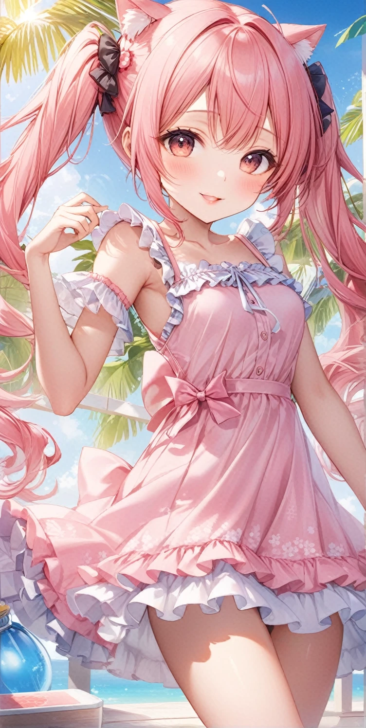 Super detailed, Japanese , ( -yeld gi,Look at the photographer､  (Twin tails, Scrunchie,  Pink Hair, nekomimi),  Glossy Lips, Natural smile、 Center image,  Perfect limbs, Perfect Anatomy,(Summer dresses with ruffles),Suggestive