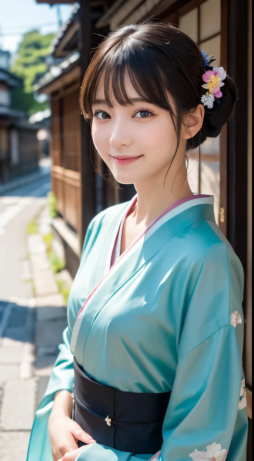 Professional Lighting,(Photorealistic:1.4), (Top image quality:1.0), (超A high resolution:1.0), 8k, Raw photography, (masterpiece:0.2), (Facing the children_v1:0.5)、(最高quality Detail:1.2)、Realistic、8K Ultra HD、High resolution、(1 girl:1.2)、超detailedな、High quality textures、複雑なdetailed、detailed、Very detailed CG、High quality shadows、detailed 美しく繊細な顔、Beautiful details and a delicate eye、(Symmetrical eyes:1.2),Written boundary depth、Ray Tracing,1 girl, Japanese Girls, (Natural smile:1.4),cute, thin, Portrait of a beautiful Japanese woman in a kimono, Standing elegantly on a street corner in Kyoto. Kimono with vibrant traditional patterns, Hair decorated with elegant and delicate hairpins, Gentle expression. (With the old streets of Kyoto in the background:1.4)、The soft light of a spring afternoon、Adding tranquility to the scene. Rendered in a Realistic style with great attention to detail, High resolutionの画像.Sky Porn, Magic Hour, (Realistic:1.3), finely, quality, (Tabletop:1.2), (Realistic:1.2), (最高quality), (複雑なdetailed), dramatic, Ray Tracing, photograph, +roller