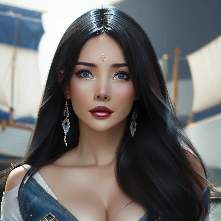 In a harbour full of sailing boats, perfect anatomy, a shy girl, Leaning against a balustrade, (highly detailed), masterpiece, photorealistic, perfect anatomy, cinematic lighting, shading, super detailed skin, beautiful detailed eyes, best quality, ultra-detailed, big breast,  (illustration), ultra-detailed, looking at viewer, (extremely delicate eyes:1.3), crop top, underboobs, denim shorts,
(dark_hair:1.3), (long flowing hair), (blue eyes),
vibrant colour, shadow, contrast, refraction