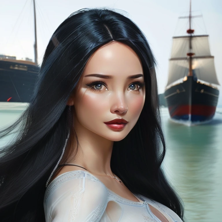 In a harbour full of sailing boats, perfect anatomy, a shy girl, Leaning against a balustrade, (highly detailed), masterpiece, photorealistic, perfect anatomy, cinematic lighting, shading, super detailed skin, beautiful detailed eyes, best quality, ultra-detailed, big breast,  (illustration), ultra-detailed, looking at viewer, (extremely delicate eyes:1.3), crop top, underboobs, denim shorts,
(dark_hair:1.3), (long flowing hair), (blue eyes),
vibrant colour, shadow, contrast, refraction