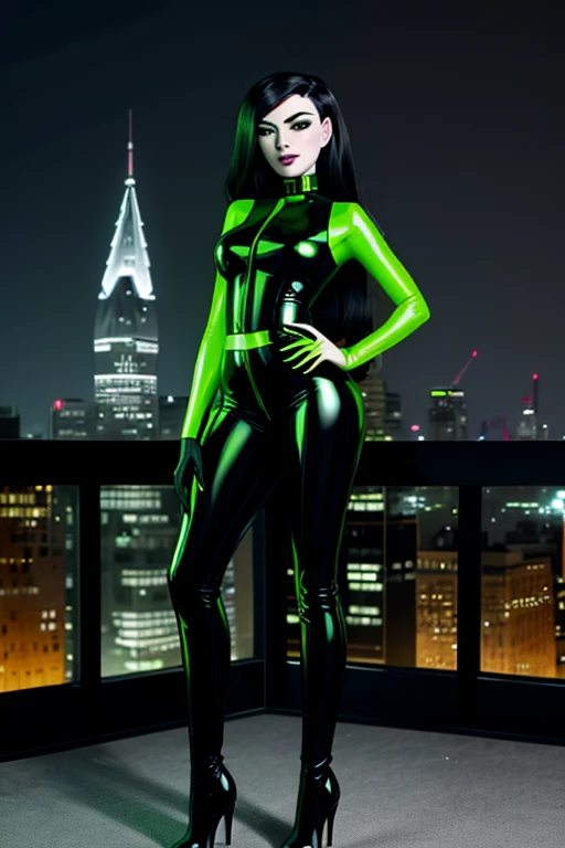 [ Shego], grey skin with green tinge, [,black hair,] sexy, green and black latex, high heel boots, toned, midriff, standing, looking at viewer, [city lught,],4k,sharp image,detailed