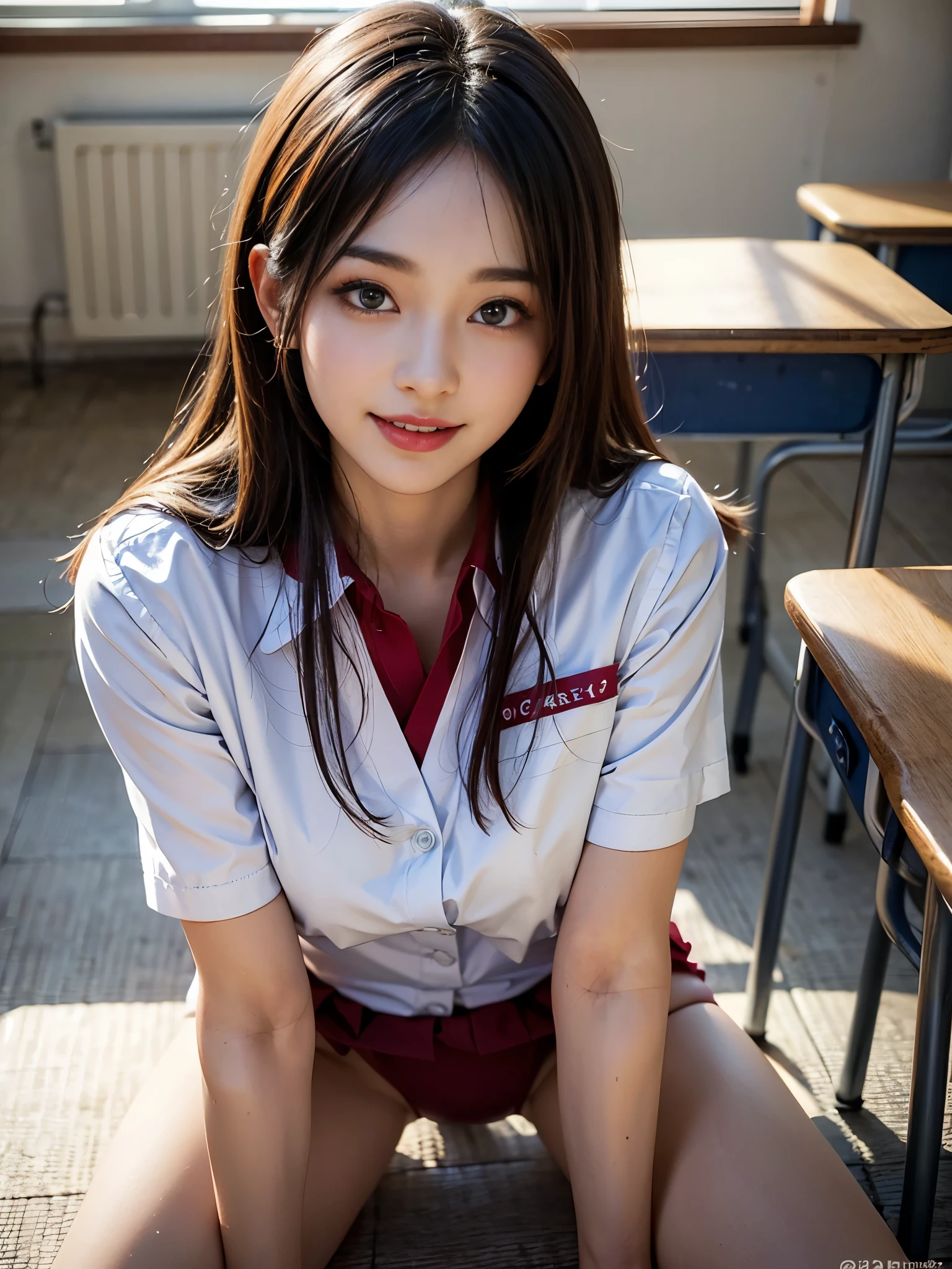 (8K high image quality), (top-quality), (RAW image quality),(masutepiece:1.2), (Realistic), (Photorealistic:1.37), ,largeeyes,long eyelasher,(Live-action realistic style),The Ultimate Face,Photorealistic light and shadow,Clear facial features,,Fair skin, ),Best portraits, 1-girl,Beautiful detailed eyes,highlydetailed skin,(Beautiful face with double eyelids), (Realism: 1.4),((fullbody image)) ,delicate and beautiful face,,Female about 20 years old,(Beautiful Face 1.4),Long hair,((Japan high school girl in uniform)),((Show your audience your best smile)),red lipsticks,Lame around the eyes,((Shot in the classroom)),(Sit down while showing panties),panties fully visible.white color panties,(I like to show my panties to viewers),(Show your panties to your audience),((Japan uniform)),red lipsticks,Lame around the eyes,(Japan in uniform),Wearing a cardigan