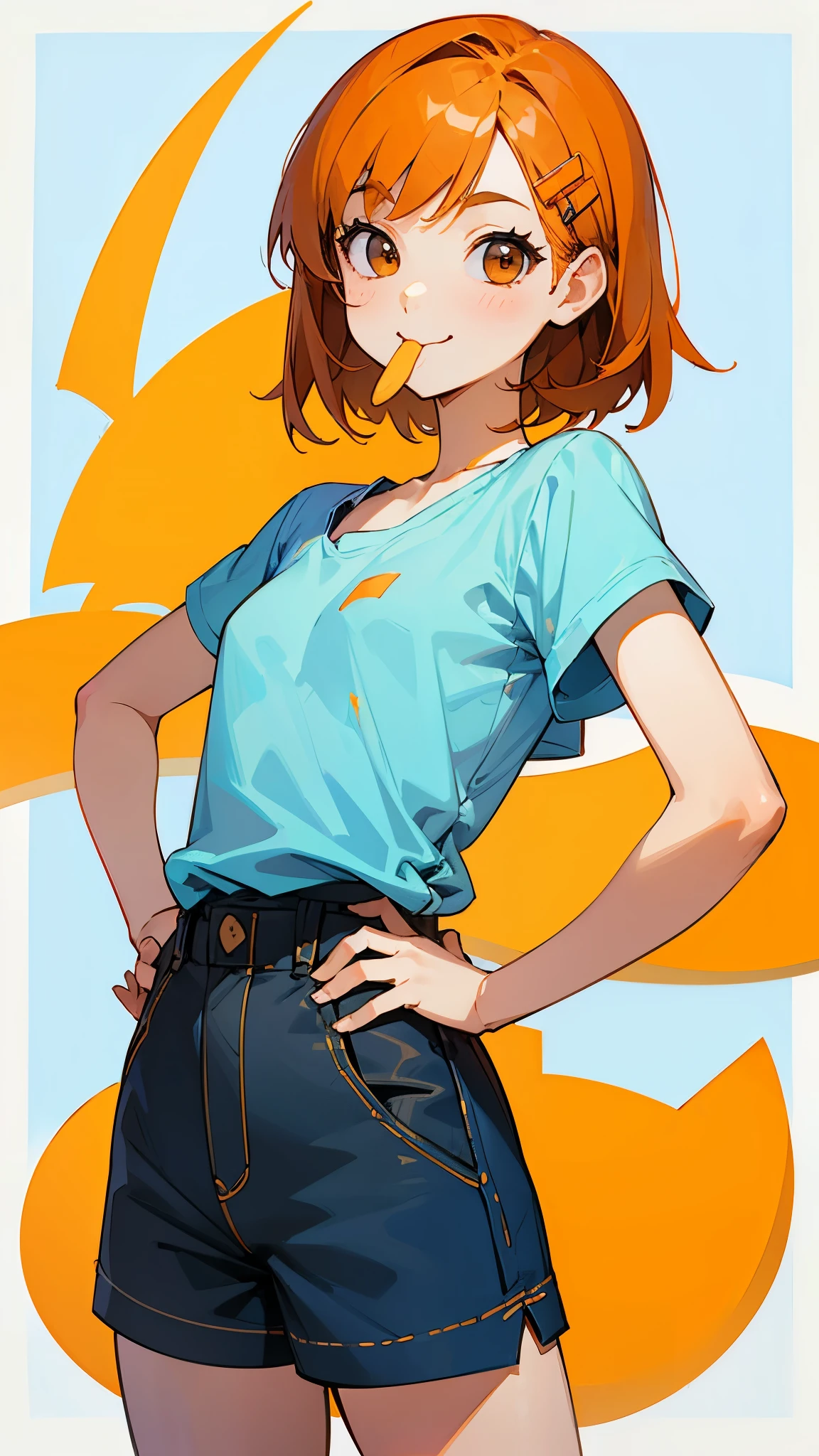 1 girl、Cowboy Shot、Simple T-shirt、light blue medium hair、Beautiful brown eyes、Orange Hair Clip、Flat Chest、smile、Please put your hands on your hips、Shorts、Eating French Fries