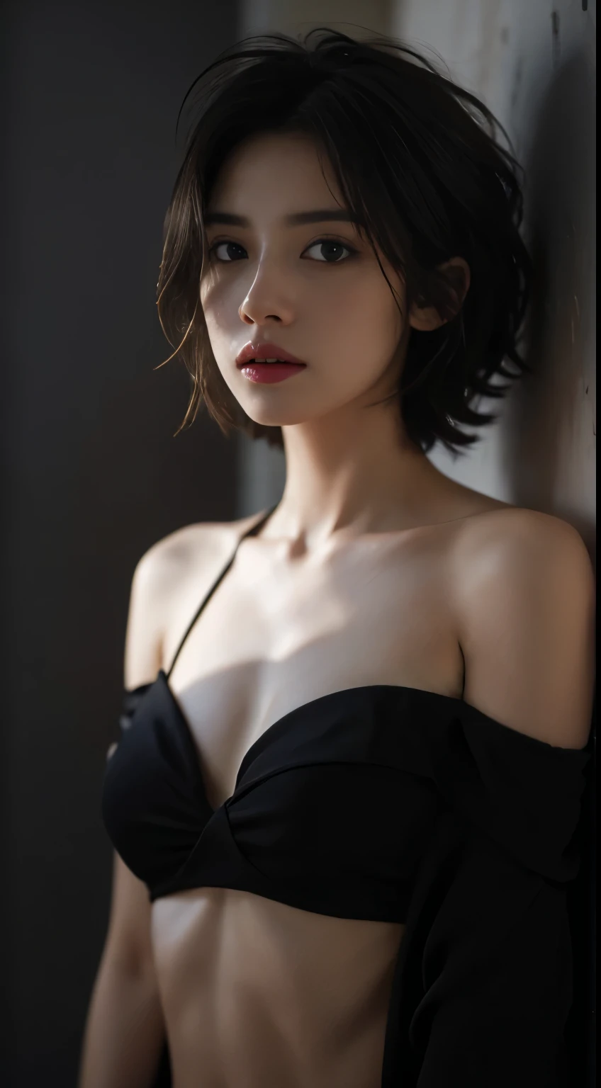 Best quality, masterpiece, ultra high res, (photorealistic:1.5), raw photo, 1girl, offshoulder, in the dark, deep shadow, low key, cold light, sexy look, short hair, bikini
