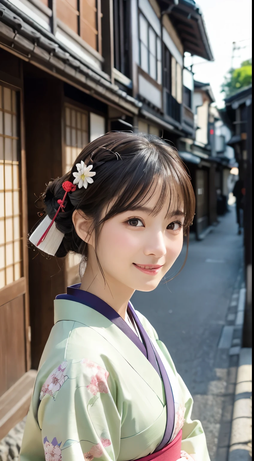 Professional Lighting,(Photorealistic:1.4), (Top image quality:1.0), (超A high resolution:1.0), 8k, Raw photography, (masterpiece:0.2), (Facing the children_v1:0.5)、(最高quality Detail:1.2)、Realistic、8K Ultra HD、High resolution、(1 girl:1.2)、超detailedな、High quality textures、複雑なdetailed、detailed、Very detailed CG、High quality shadows、detailed 美しく繊細な顔、Beautiful details and a delicate eye、(Symmetrical eyes:1.2),Written boundary depth、Ray Tracing,1 girl, Japanese Girls, (Natural smile:1.4),cute, thin, Portrait of a beautiful Japanese woman in a kimono, Standing elegantly on a street corner in Kyoto. Kimono with vibrant traditional patterns, Hair decorated with elegant and delicate hairpins, Gentle expression. (With the old streets of Kyoto in the background:1.4)、The soft light of a spring afternoon、Adding tranquility to the scene. Rendered in a Realistic style with great attention to detail, High resolutionの画像.Sky Porn, Magic Hour, (Realistic:1.3), finely, quality, (Tabletop:1.2), (Realistic:1.2), (最高quality), (複雑なdetailed), dramatic, Ray Tracing, photograph, +roller
