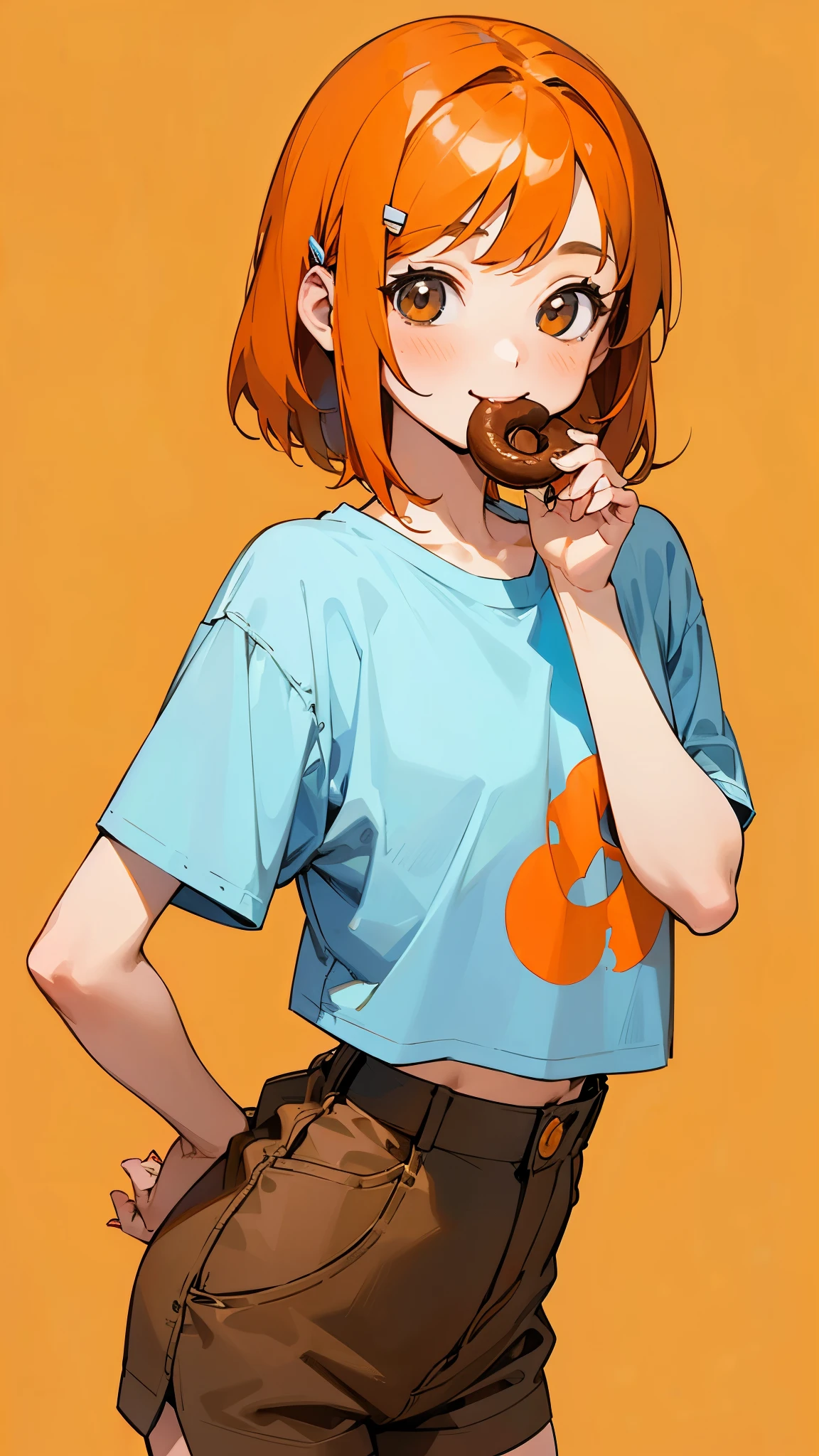 1 girl、Cowboy Shot、Simple T-shirt、light blue medium hair、Beautiful brown eyes、Orange Hair Clip、Flat Chest、smile、Please put your hands on your hips、Shorts、Eating a donut