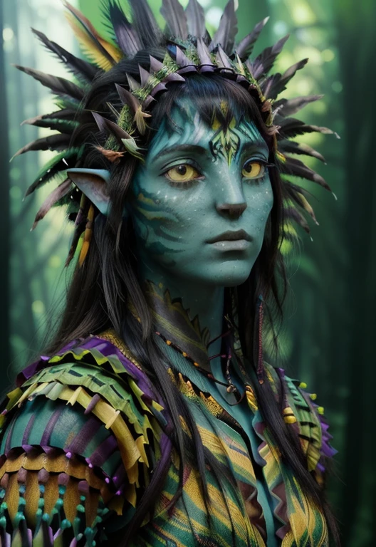 avatar style, (face portrait:1.6), naavi, 1girl, female, (yellow eyes), (big eyes), ((eyebrowless)), pointy ears, (green skin tone:1.0), (straight hair:1.0), brown hair color, ((long messy hair)), (young adult), 18 years old, face wrinkles, ((wearing colorful tribal clothing)), (wearing tribal acessories), detailed eyes, toned body, muscled body, vibrant colors, glowing, ethereal atmosphere, surrealistic dreamy lighting, textured skin, otherworldly beauty, mesmerizing photography, (best quality, highres), vivid colors, ultrarealistic, skin details, striped skin, sfw, face close-up:0.5, ultradetailed body, ((forest green skin)), dark background, night time