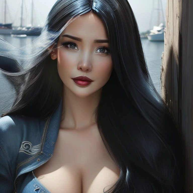 In a harbour full of sailing boats, perfect anatomy, a shy girl, Leaning against a balustrade, (highly detailed), masterpiece, photorealistic, perfect anatomy, cinematic lighting, shading, super detailed skin, beautiful detailed eyes, best quality, ultra-detailed, (big breast),  (illustration), ultra-detailed, looking at viewer, (extremely delicate eyes:1.3), crop top, underboobs, denim shorts,
(dark_hair:1.3), (long flowing hair), (blue eyes),
vibrant colour, shadow, contrast, refraction, wide-angle shot