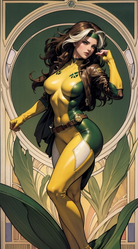 (masterpiece:1.0), (best_quality:1.2), Classic Rogue, 1991 Rogue X-Men, 1 girl, Only 1, full body view, medium length hair, brown hair, wavy hair, messy hair, one lock of white hair, green eyes, mischievous look, smirking, fit figure, curvy figure, medium breasts, lipstick, makeup, jacket, green headband, belt, yellow gloves, skin tight bodysuit, open jacket, light source from above, (realism: 1.5), (Realistic: 1.4), (Absurdity:1.4), 8k, ultra-detailed, Detailed Beautiful Woman, (Art Nouveau style), influence by John William Waterhouse and Alphons Mucha, circles, banners, background colors: green, gold, yellow, white, beige