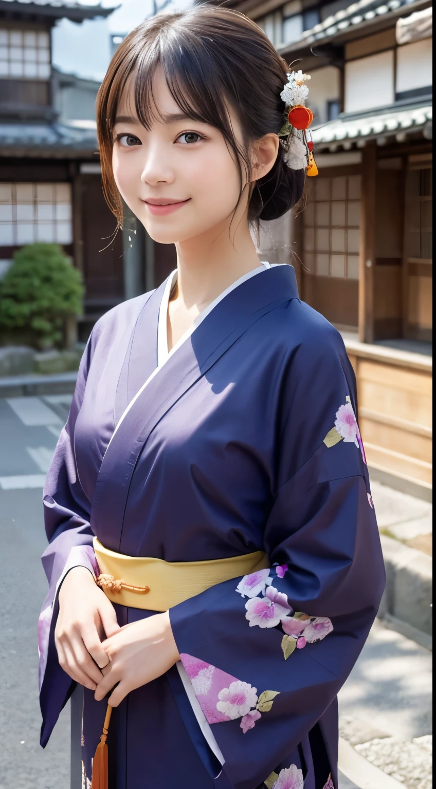Professional Lighting,(Photorealistic:1.4), (Top image quality:1.0), (超A high resolution:1.0), 8k, Raw photography, (masterpiece:0.2), (Facing the children_v1:0.5)、(最高quality Detail:1.2)、Realistic、8K Ultra HD、High resolution、(1 girl:1.2)、超detailedな、High quality textures、複雑なdetailed、detailed、Very detailed CG、High quality shadows、detailed 美しく繊細な顔、Beautiful details and a delicate eye、(Symmetrical eyes:1.2),Written boundary depth、Ray Tracing,1 girl, Japanese Girls, (Natural smile:1.4),cute, thin, Portrait of a beautiful Japanese woman in a kimono, Standing elegantly on a street corner in Kyoto. Kimono with vibrant traditional patterns, Hair decorated with elegant and delicate hairpins, Gentle expression. (With the old streets of Kyoto in the background:1.4)、The soft light of a spring afternoon、Adding tranquility to the scene. Rendered in a Realistic style with great attention to detail, High resolutionの画像.Sky Porn, Magic Hour, (Realistic:1.3), finely, quality, (Tabletop:1.2), (Realistic:1.2), (最高quality), (複雑なdetailed), dramatic, Ray Tracing, photograph, +roller