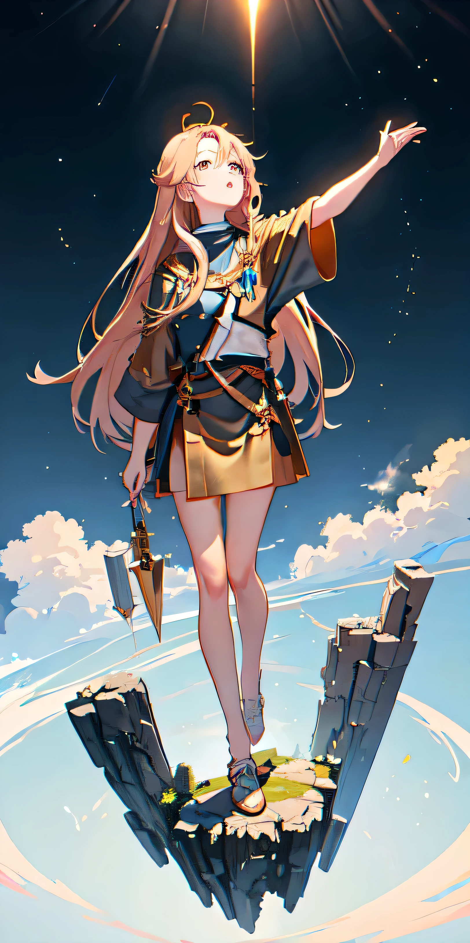 best quantity , bronze hair , rising hand foward to sky , looking up to sky , full body ,