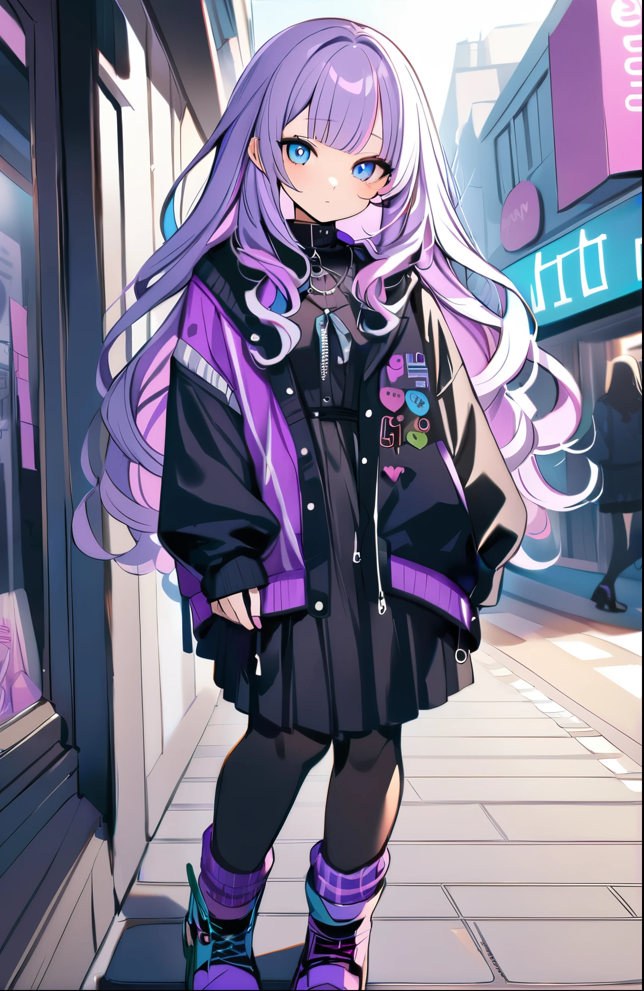 ((masterpiece、8K、highest quality)), Detailed face,((Light purple hair))、((Multi-colored hair))、((((SupportHair))))、Bright Blue Eyes、One girl、(Wavy Hair)、((Harajuku Fashion)),cute,anime