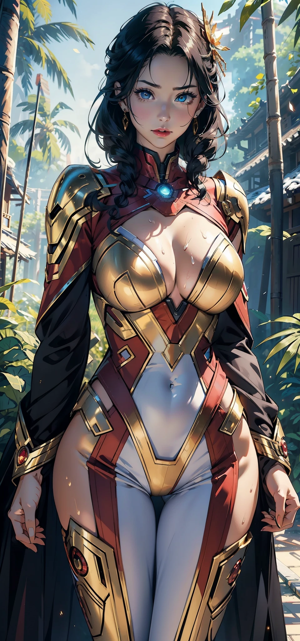 1womanl,36 years old,MILF,mature,Bigchest,Big breasts Thin waist,long leges,Raised sexy,Pornographic exposure, standing on your feet(Background with:bamboo forrest,at winter season,Snow on the ground,NOWAI) She has short black hair,dynamicposes,Sweat profusely,drenched all over the body,seen from the front, hair straight, mostly cloudy sky,(((tmasterpiece),(Very detailed CG unity 8K wallpaper),best qualtiy,cinmatic lighting,detailed back ground,beatiful detailed eyes,Bright pupils,(Very fine and beautiful),(Beautiful and detailed eye description),Black eyes,Redlip,ultra - detailed,tmasterpiece,)),facing at camera,(The upper part of the body),A high resolution,ultra - detailed),revealing breasts,Bare genitalia, Bulge,legs are open,sexyposture,Camel toes,Flushed complexion,Open-mouthed,frontage,Gold Saint Seiya,Lotus hair ornaments,(Wearing:White jumpsuit,Armour,Gold wire embroidery,Iron Man uniform)